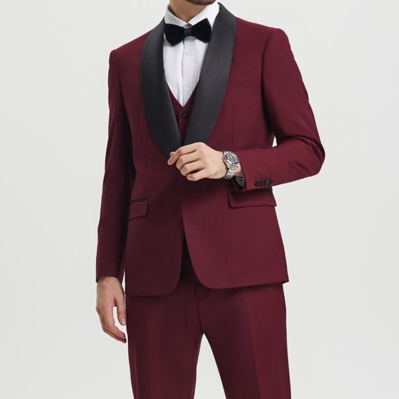 Stacy Adams 3pc Mens Tuxedo Hybrid Fit Shawl Lapel, Burgundy - Picture 5 of 6